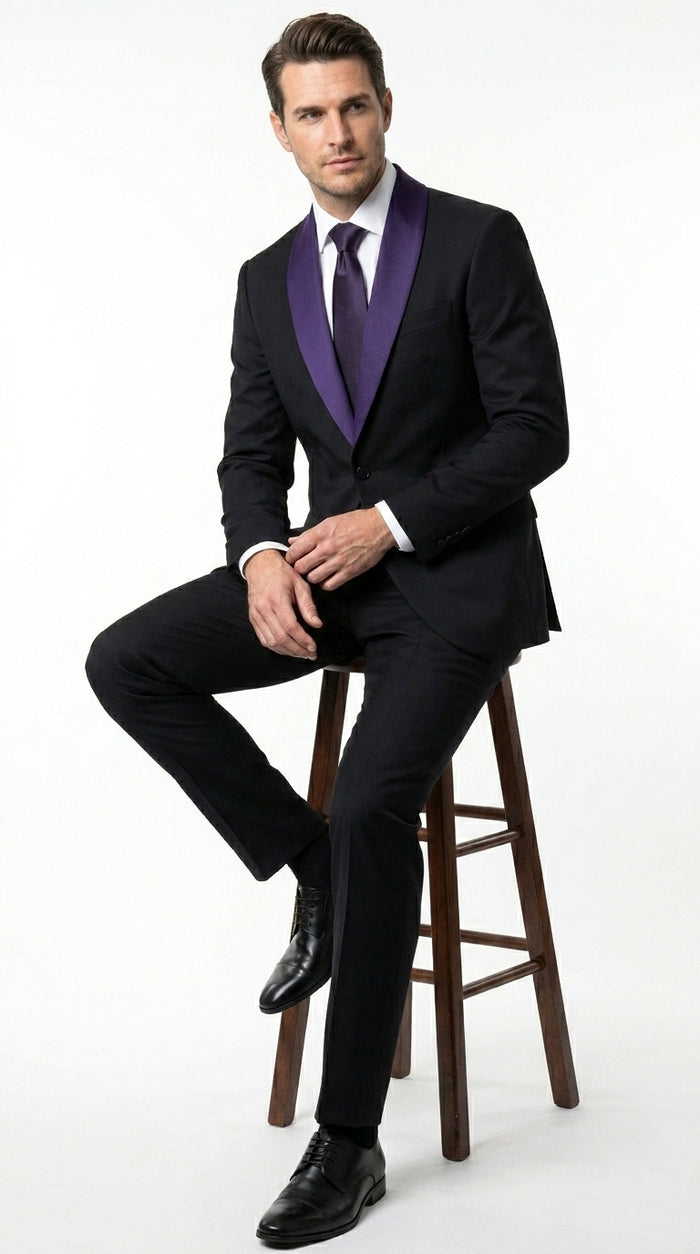 Mens Black Suit with Purple Lapel – Elegant Formal Tuxedo Style Suit for Wedding, Prom, Party and Evening Wear