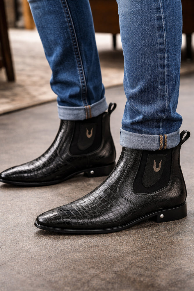 Men's Black Vestigium Boots Genuine Caiman Belly Chelsea Boots