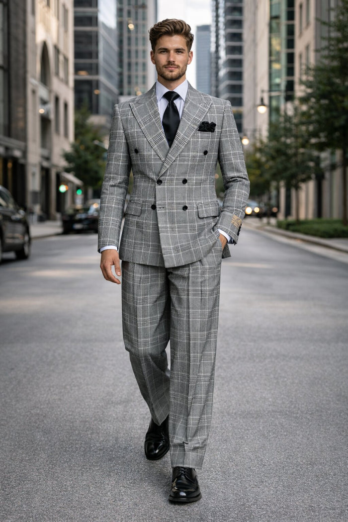 Suits With Baggy Pleated Pants - Wide Leg Pants 100% Wool - Classic Fit in Black and White Plaid Color by Rossiman