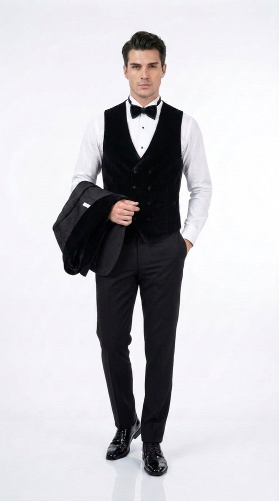 Men’s Black With Velvet collar 3 Piece Tuxedo Suit – Floral Jacquard Dinner Jacket with  Vest and Bowtie