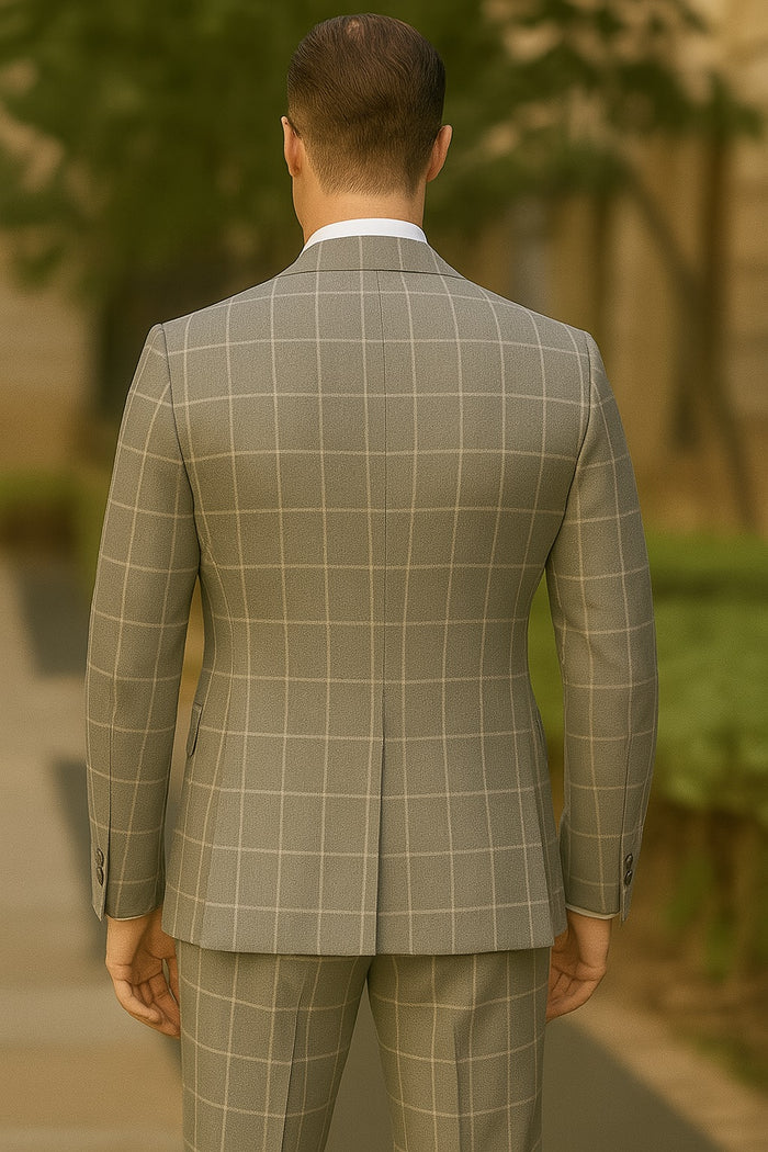 Men's Blue and Grey Pattern Plaid ~ Windowpane Men's Double Breasted Suits Jacket Blazer ~ Sport Coat