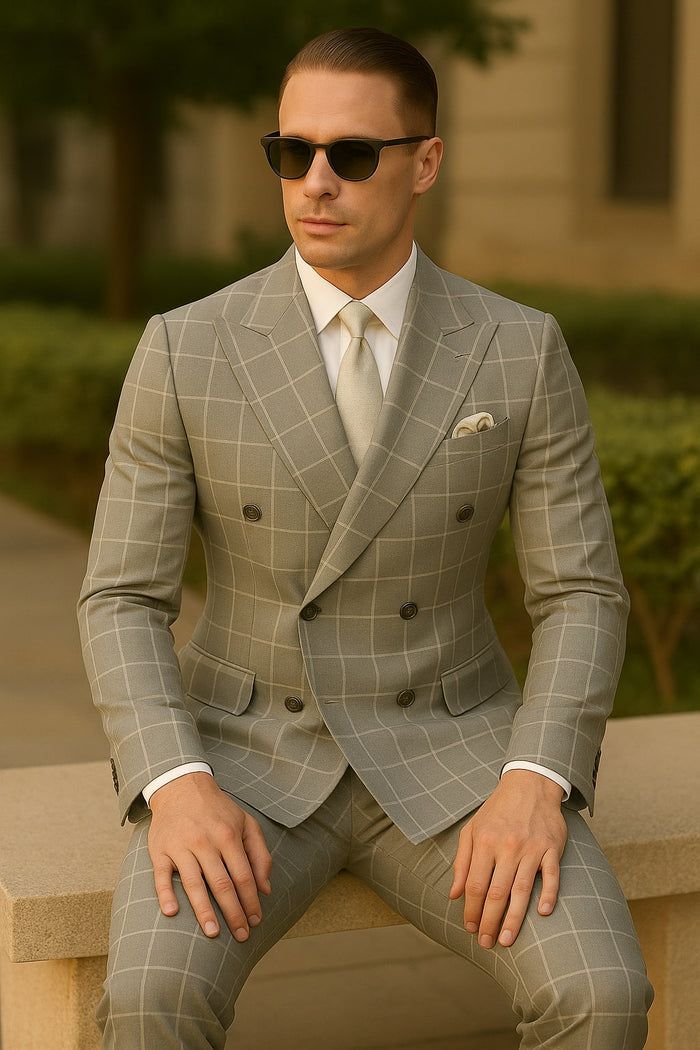 Men's Blue and Grey Pattern Plaid ~ Windowpane Men's Double Breasted Suits Jacket Blazer ~ Sport Coat