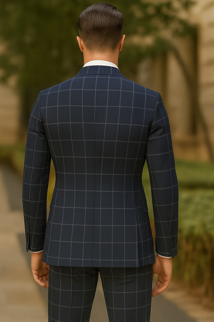 Men's Blue and Grey Pattern Plaid ~ Windowpane Men's Double Breasted Suits Jacket Blazer ~ Sport Coat