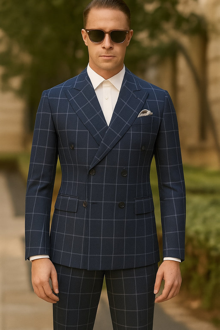 Men's Blue and Grey Pattern Plaid ~ Windowpane Men's Double Breasted Suits Jacket Blazer ~ Sport Coat