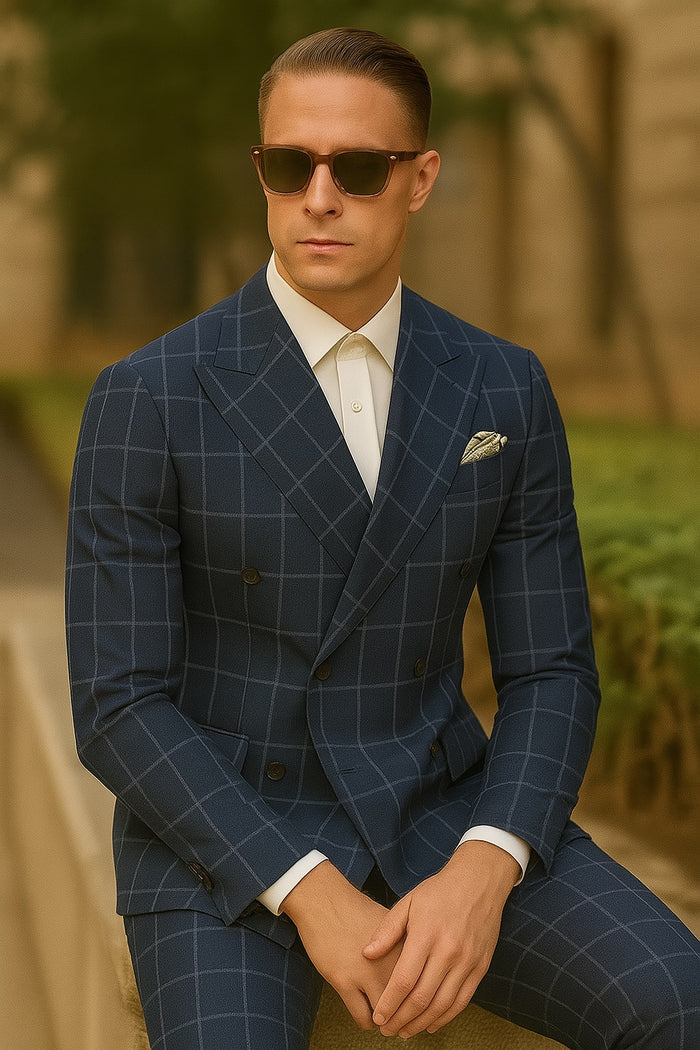 Men's Blue and Grey Pattern Plaid ~ Windowpane Men's Double Breasted Suits Jacket Blazer ~ Sport Coat