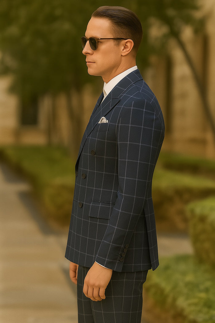 Men's Blue and Grey Pattern Plaid ~ Windowpane Men's Double Breasted Suits Jacket Blazer ~ Sport Coat