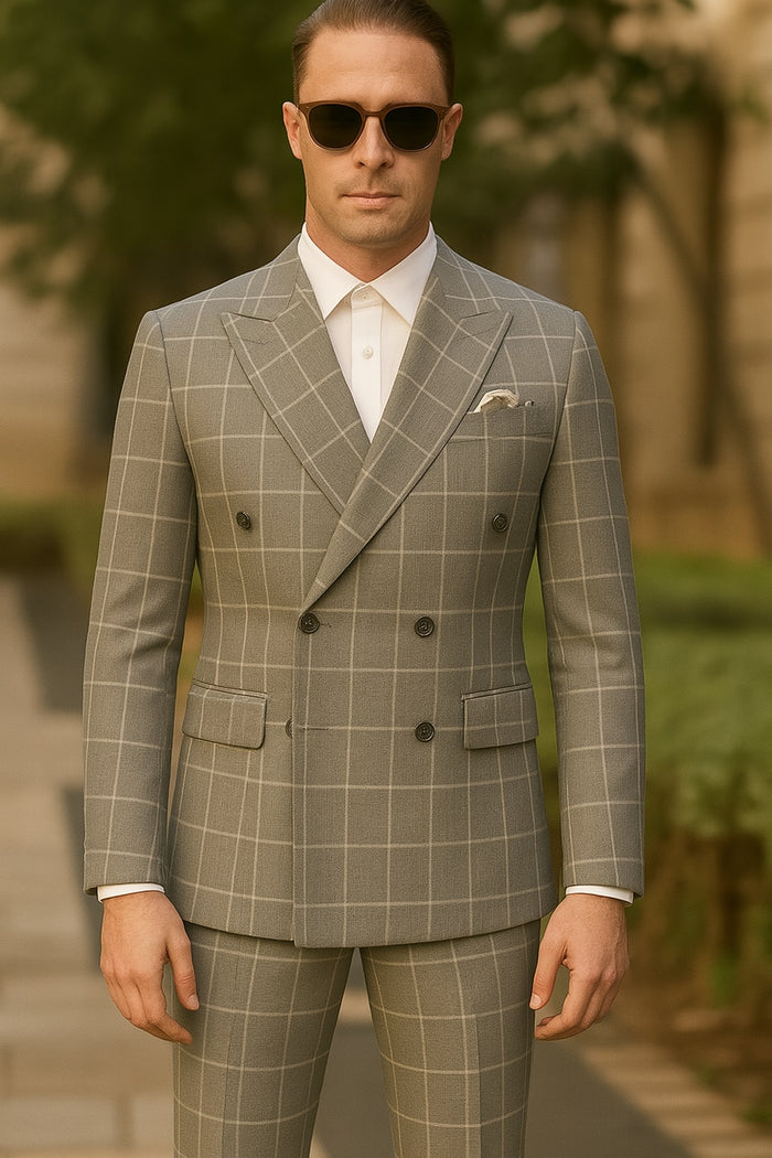 Men's Blue and Grey Pattern Plaid ~ Windowpane Men's Double Breasted Suits Jacket Blazer ~ Sport Coat