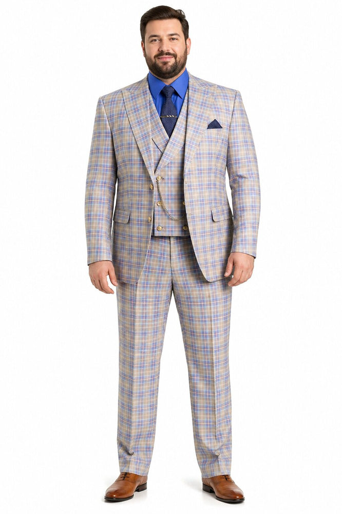 Blue Plaid Suit - Vested Suit - 3 Piece Suits - Peak Lapel Suits - Windowpane Suit - 2 Button
