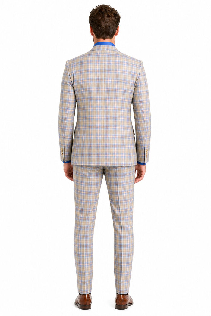 Blue Plaid Suit - Vested Suit - 3 Piece Suits - Peak Lapel Suits - Windowpane Suit - 2 Button