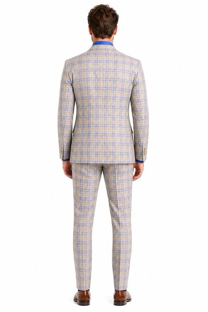 Blue Plaid Suit - Vested Suit - 3 Piece Suits - Peak Lapel Suits - Windowpane Suit - 2 Button