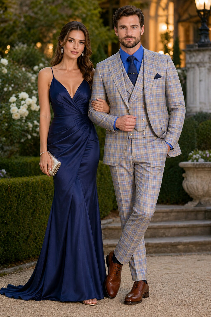 Blue Plaid Suit - Vested Suit - 3 Piece Suits - Peak Lapel Suits - Windowpane Suit - 2 Button