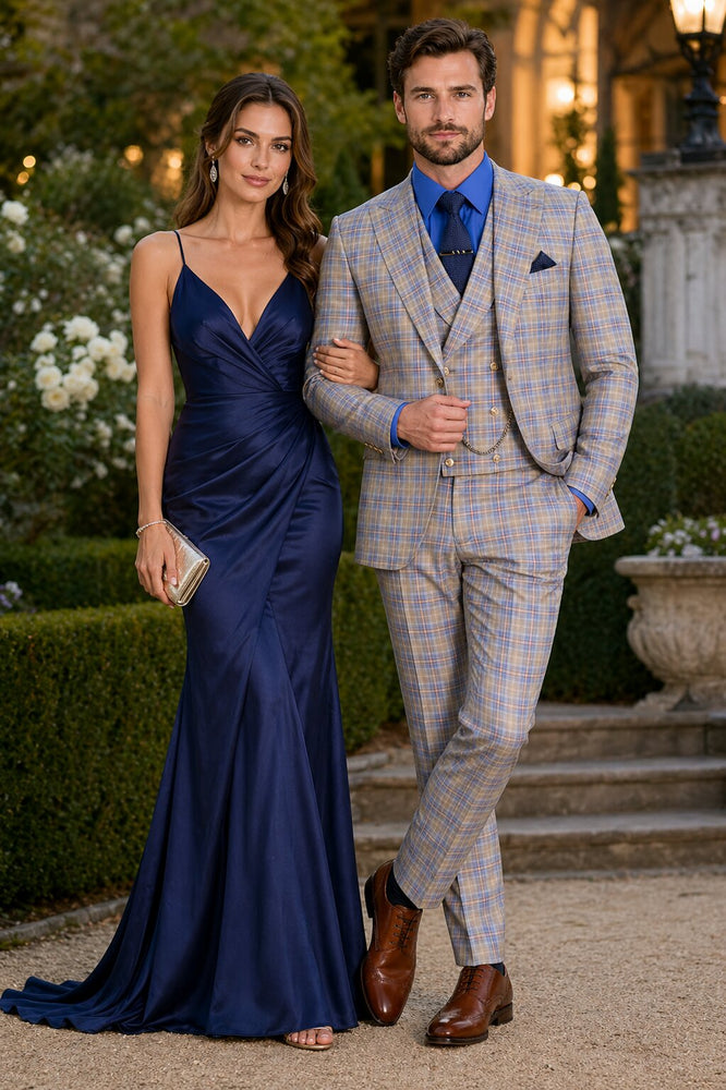 Blue Plaid Suit - Vested Suit - 3 Piece Suits - Peak Lapel Suits - Windowpane Suit - 2 Button