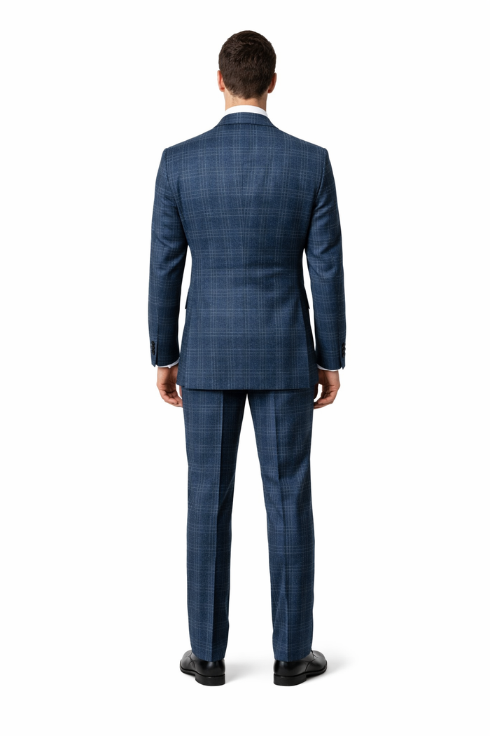 Mens Rossiman Blue Plaid Double Breasted Suit – Modern 6-Button Tailored Fit