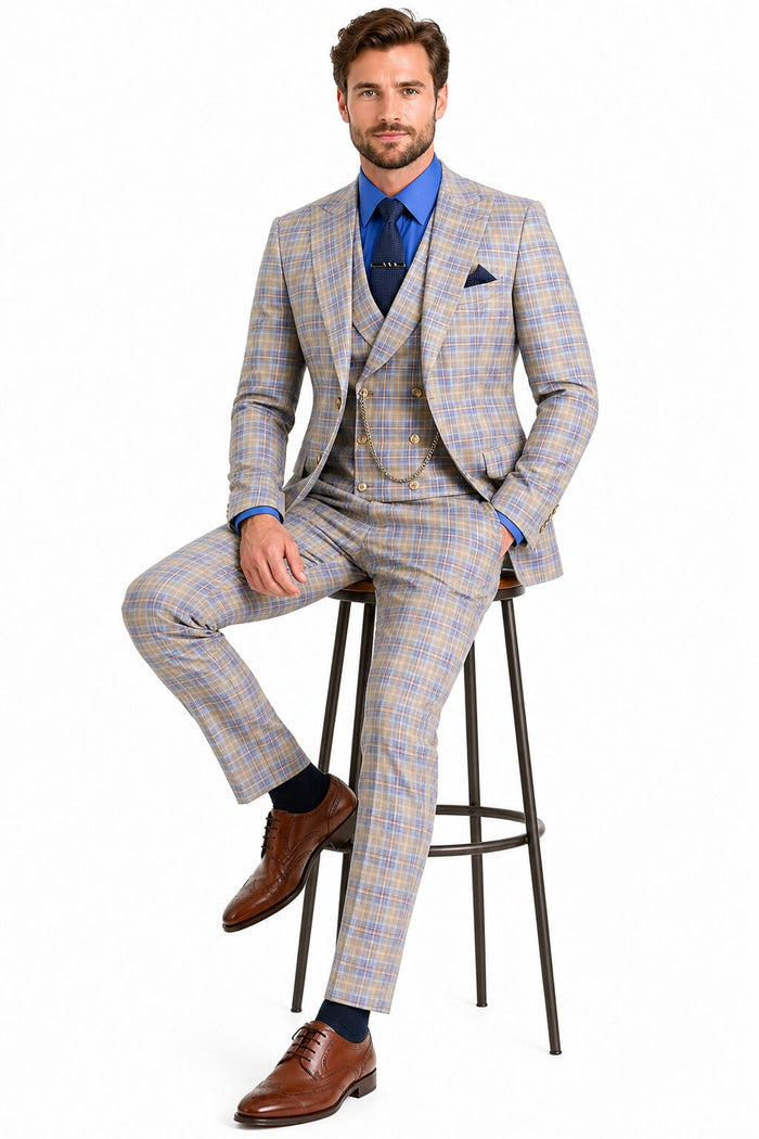 Blue Plaid Suit - Vested Suit - 3 Piece Suits - Peak Lapel Suits - Windowpane Suit - 2 Button