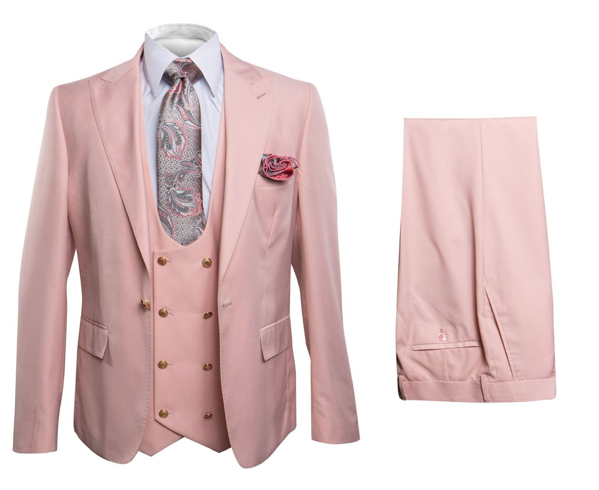 Blush Pink 3-Piece Suit with Double-Breasted Vest by Rossiman