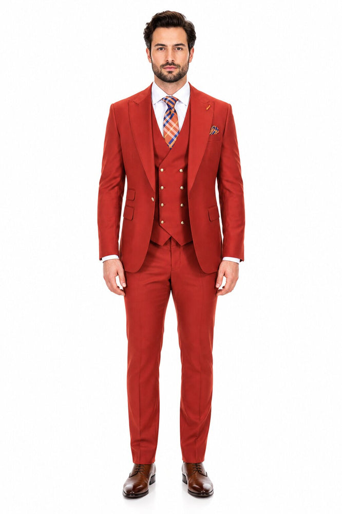 Men's Brick Statement Ticket Pocket Peak Lapel Wool Double Breasted Vest Suit with Gold Buttons – Modern Fit