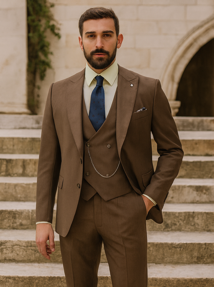 Premium Brown Groom Suit with Vest – Elegant 3-Piece Set