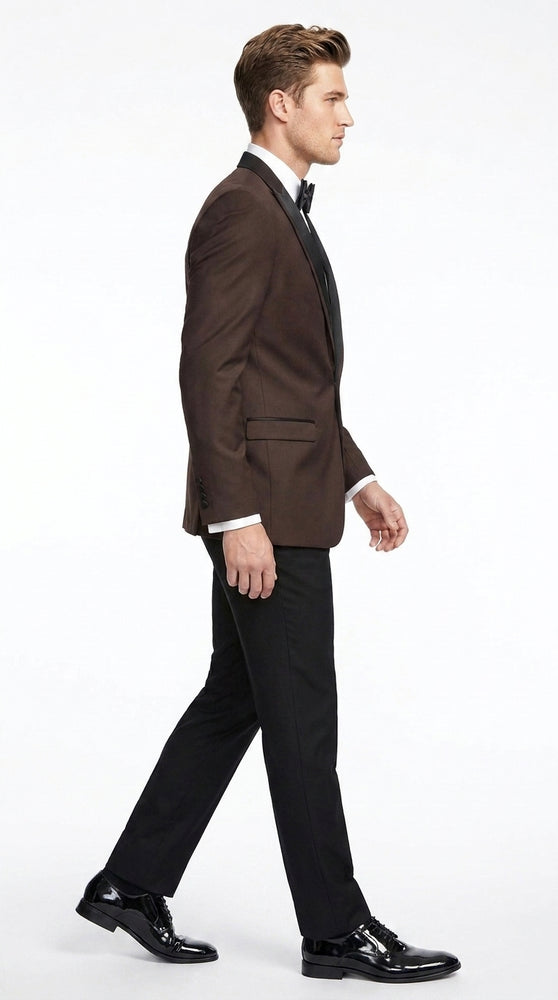 Mens Brown Dinner Jacket with Black Pants – Satin Lapel Tuxedo Suit for Weddings & Formal Events