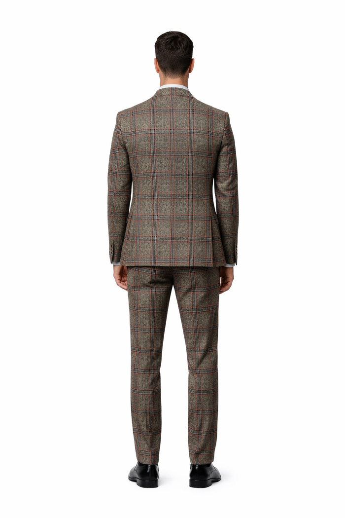 Mens Rossiman Brown Plaid 3-Piece Vested Suit – Classic Tailored Fit