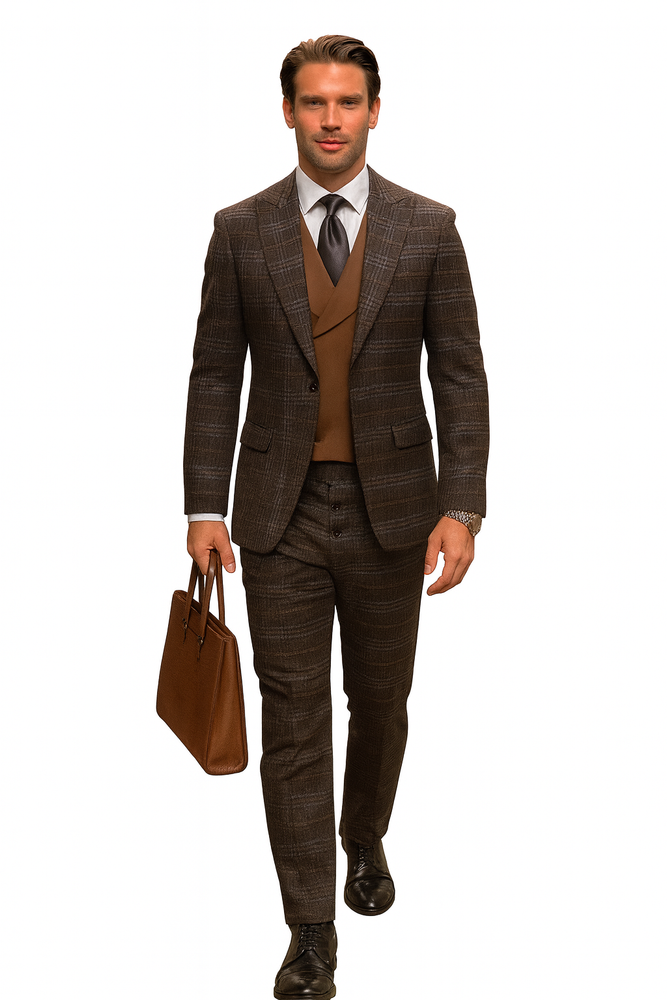 Athletic Suit - Brown Windowpane - Plaid Suit Modern Fit Side Vented Super 150's Wool Fabric