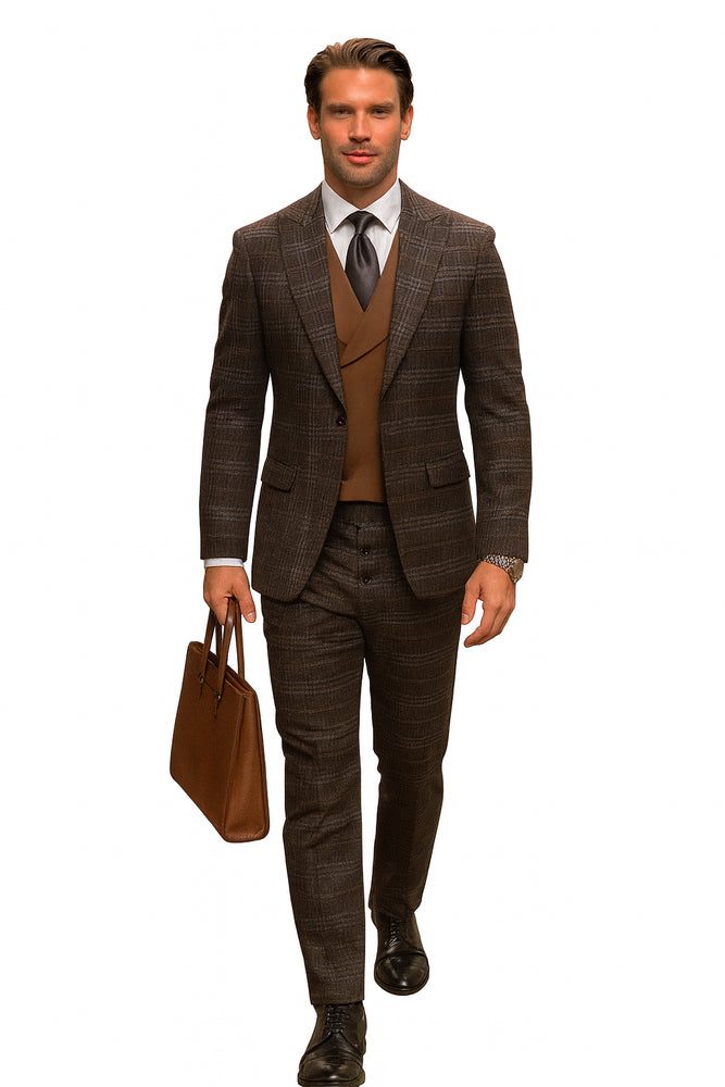 Athletic Suit - Brown Windowpane - Plaid Suit Modern Fit Side Vented Super 150's Wool Fabric