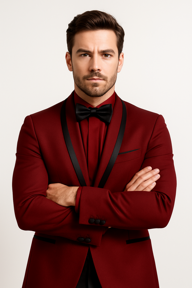 Prom 2025 ~ Wedding Tuxedo Dinner Jacket Burgundy and Black Trim