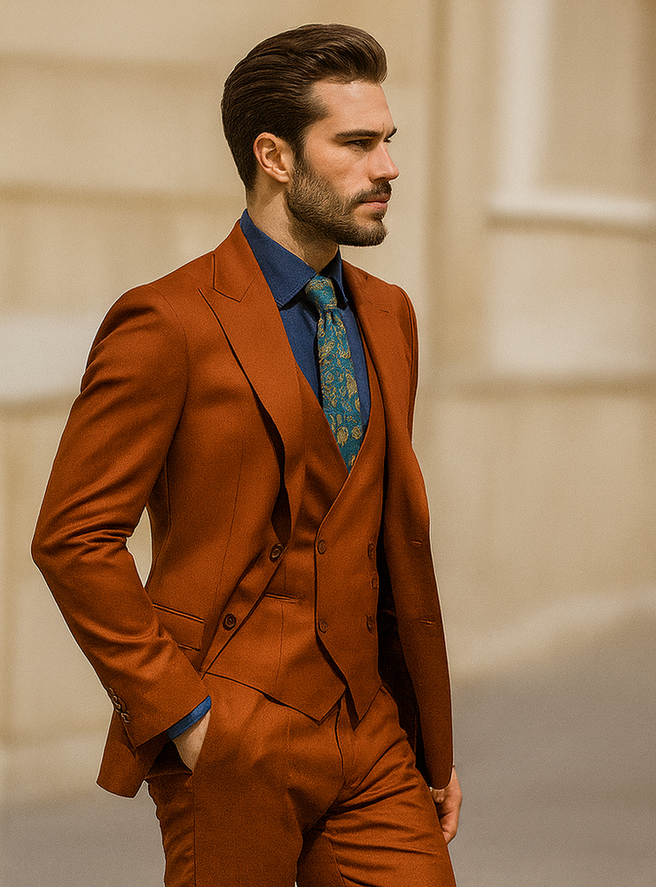 Classic Burnt Orange Three-Piece Suit – Stylish Wedding Outfit