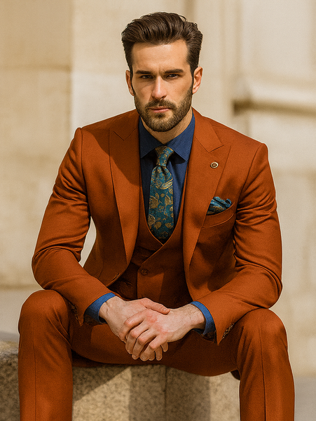 Classic Burnt Orange Three-Piece Suit – Stylish Wedding Outfit