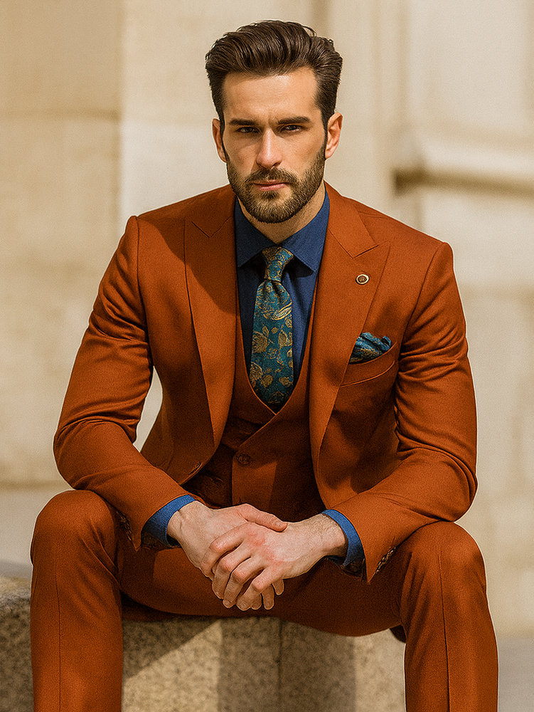 Classic Burnt Orange Three-Piece Suit – Stylish Wedding Outfit