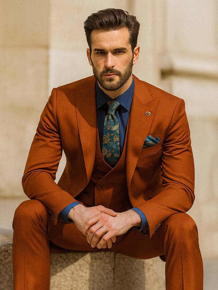 Classic Burnt Orange Three-Piece Suit – Stylish Wedding Outfit
