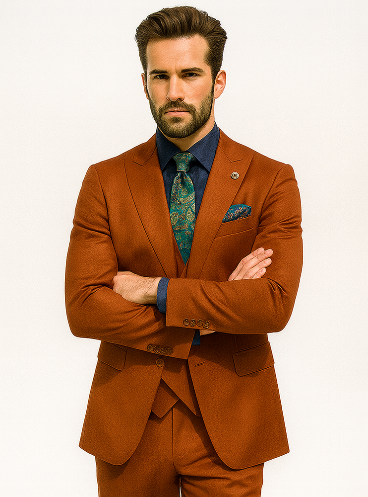 Classic Burnt Orange Three-Piece Suit – Stylish Wedding Outfit