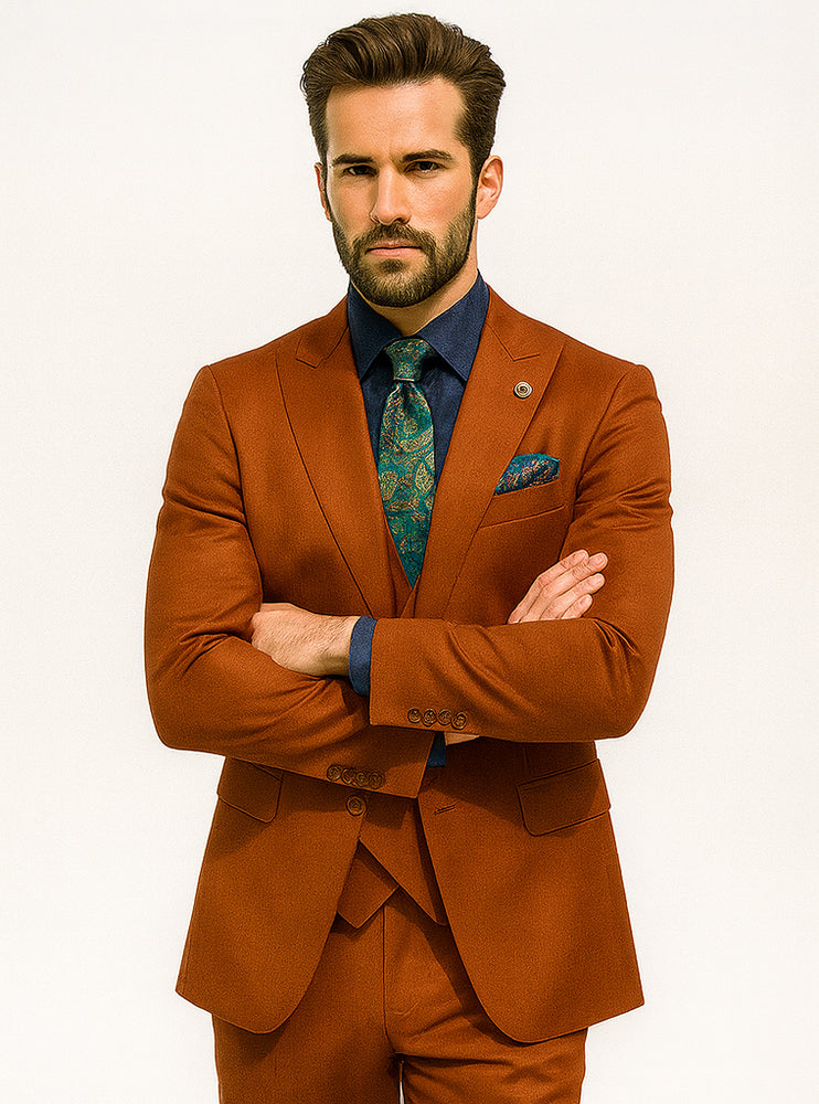 Classic Burnt Orange Three-Piece Suit – Stylish Wedding Outfit