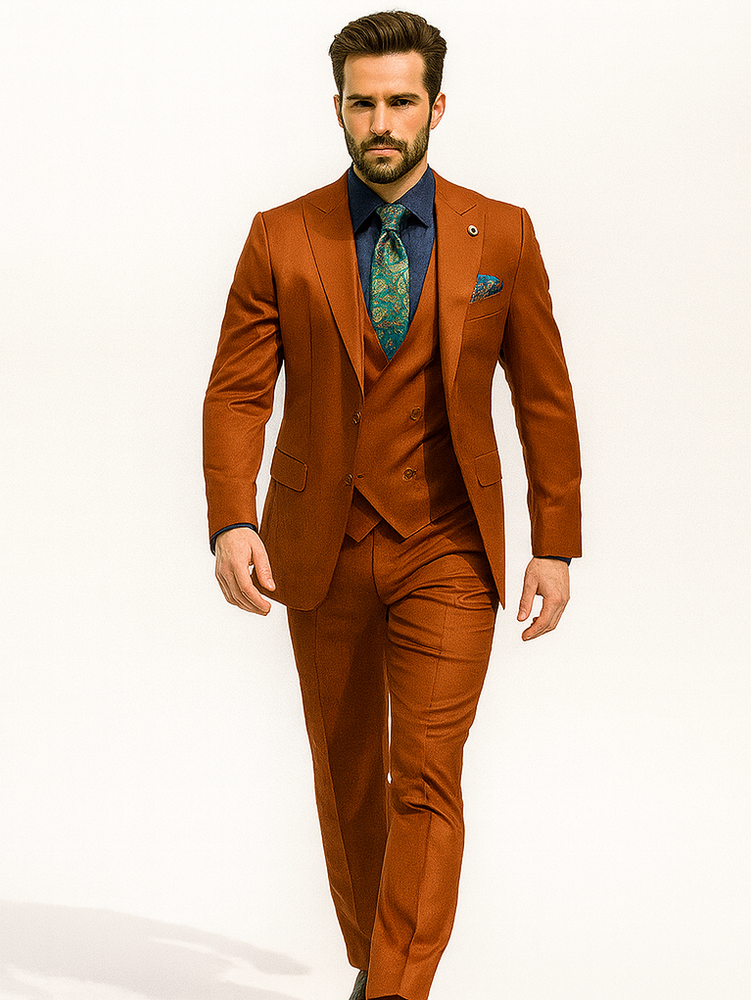 Classic Burnt Orange Three-Piece Suit – Stylish Wedding Outfit