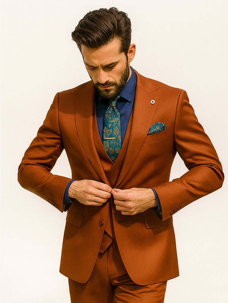 Classic Burnt Orange Three-Piece Suit – Stylish Wedding Outfit