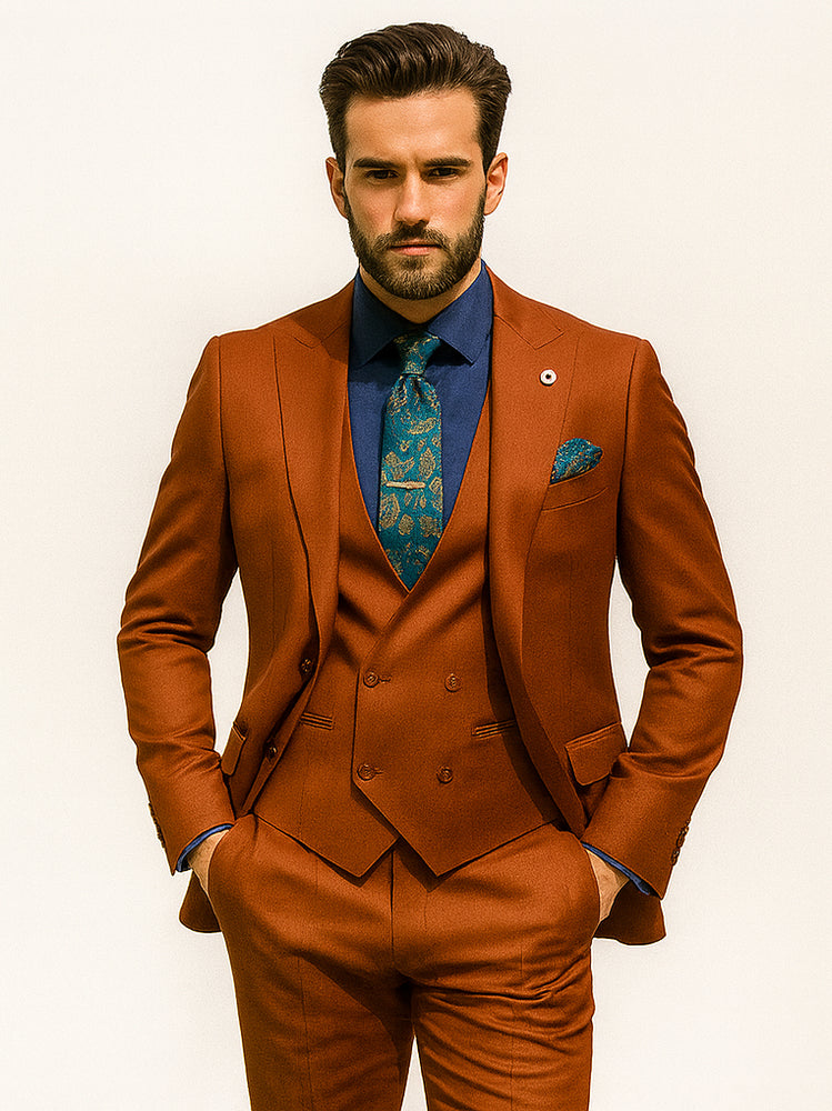 Classic Burnt Orange Three-Piece Suit – Stylish Wedding Outfit