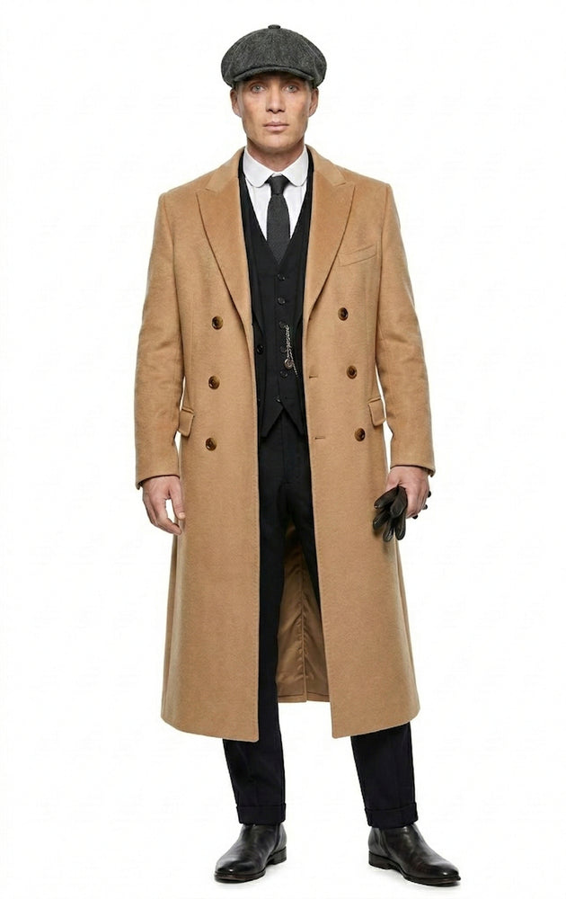 Mens Camel Brown Double Breasted Wool Overcoat + Suit – Peaky Blinders Inspired Vintage Long Trench Coat with Lapel Collar