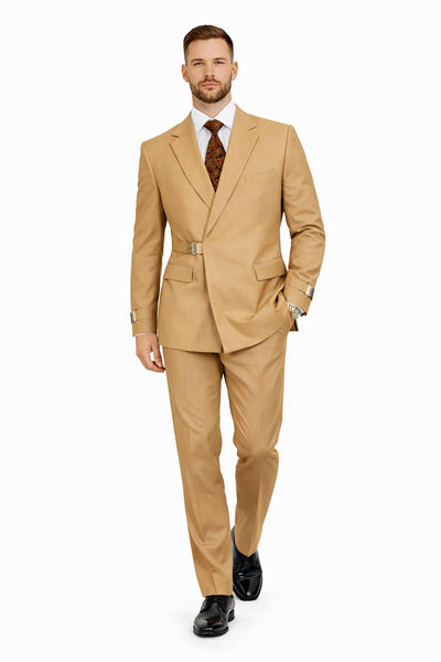 Men’s Camel Double Breasted Wool Suit with Metal Buckle Closure