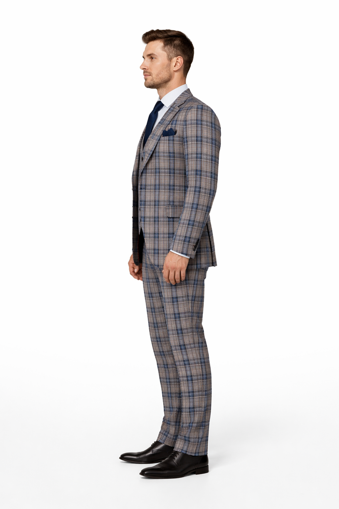 Camel & Navy Tartan 3-Piece Modern Wedding Suit