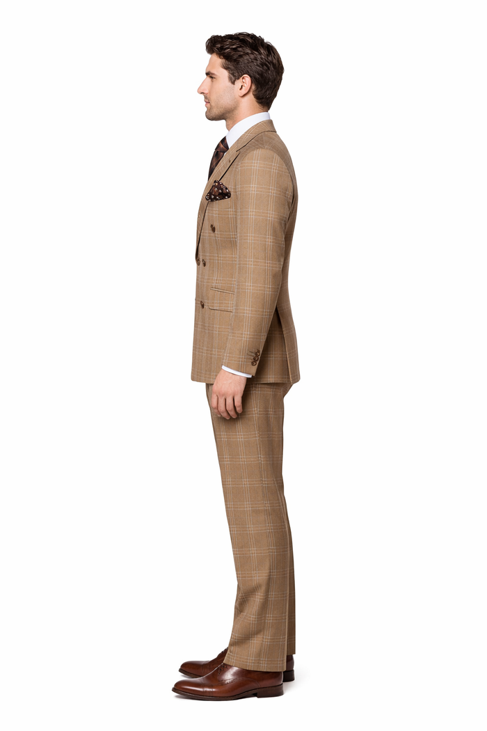 Rossiman Camel Regent Plaid Double-Breasted 3-Piece Heritage Suit