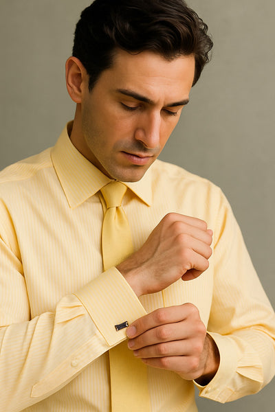 Men's Canary Straight Collar French Cuff Dress Shirt - Striped Dress Shirt - Mens Pinstripe Dress Shirt