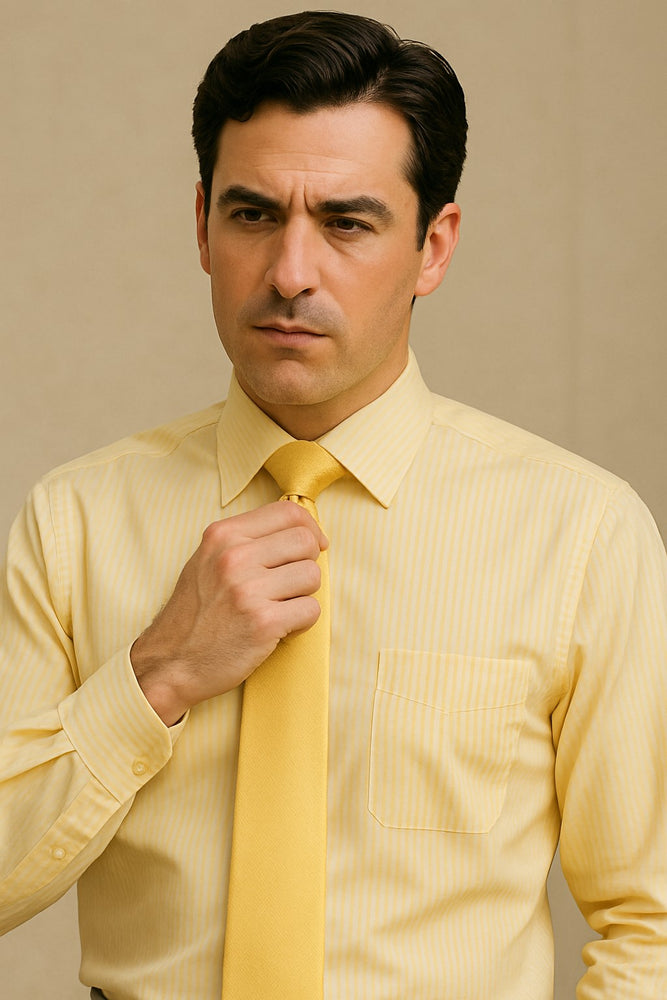 Men's Canary Straight Collar French Cuff Dress Shirt - Striped Dress Shirt - Mens Pinstripe Dress Shirt