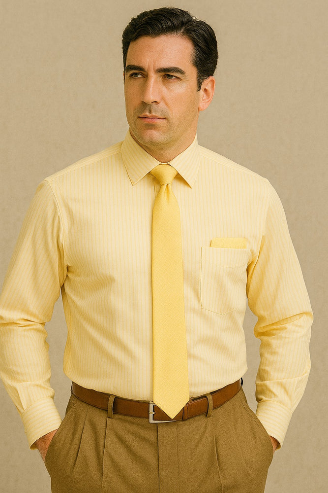 Men's Canary Straight Collar French Cuff Dress Shirt - Striped Dress Shirt - Mens Pinstripe Dress Shirt