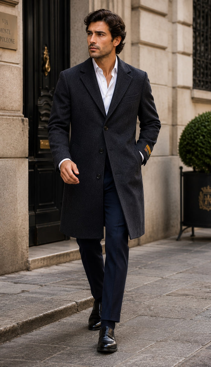 Mens Cashmere Blend Black Coat Full length - Cashmere Overcoat