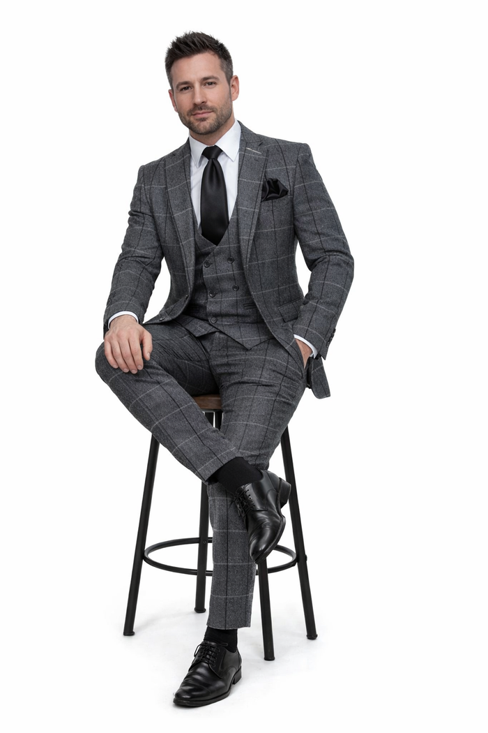 Charcoal Windowpane 3-Piece Executive Heritage Suit with Black Accents