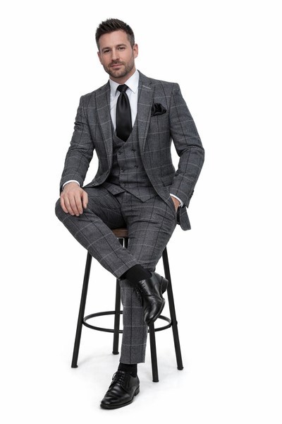 Charcoal Windowpane 3-Piece Executive Heritage Suit with Black Accents