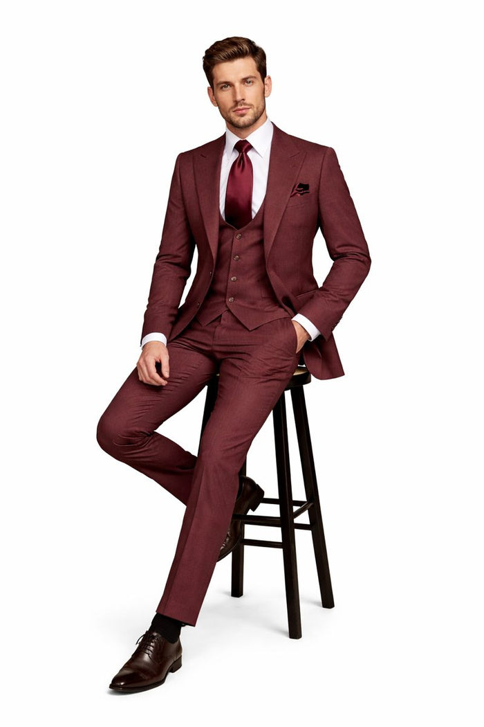 Chestnut Terra 3-Piece Modern Wedding Suit with Wine Satin