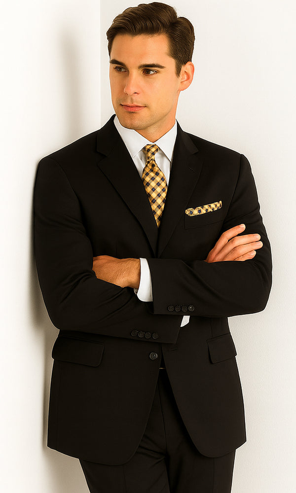 Mens Classic Fit 3 Button Vested Single Pleated Pant Suit in Black