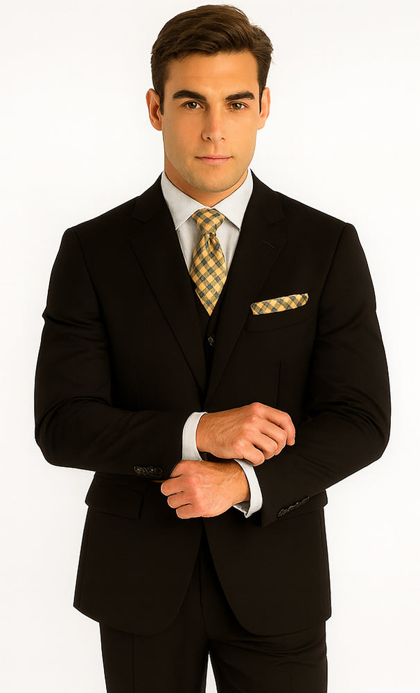 Mens Classic Fit 3 Button Vested Single Pleated Pant Suit in Black