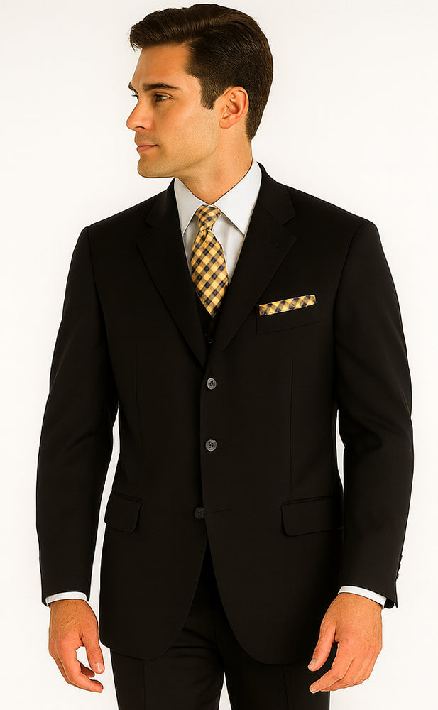 Mens Classic Fit 3 Button Vested Single Pleated Pant Suit in Black