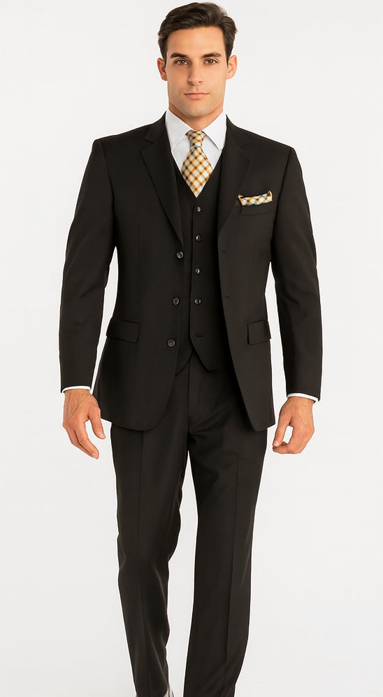 Mens Classic Fit 3 Button Vested Single Pleated Pant Suit in Black